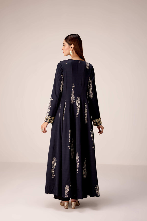 Carbon black printed and embroidered kurta pants set