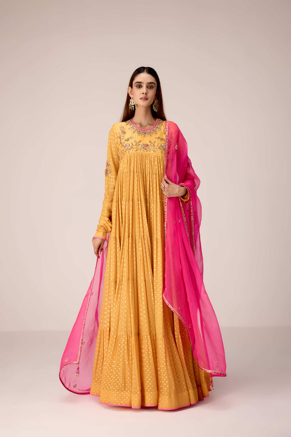 Mustard zardozi embroidered anarkali set