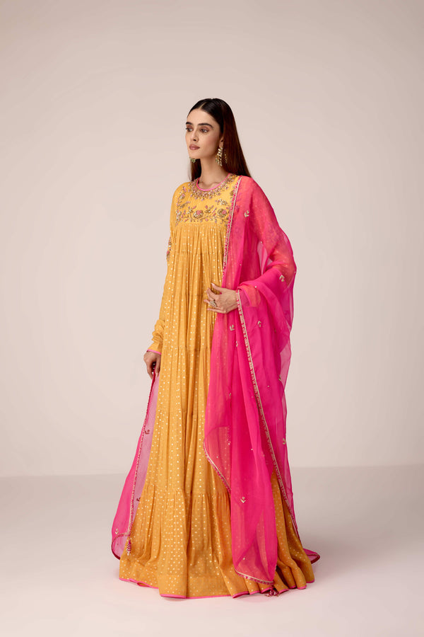 Mustard zardozi embroidered anarkali set