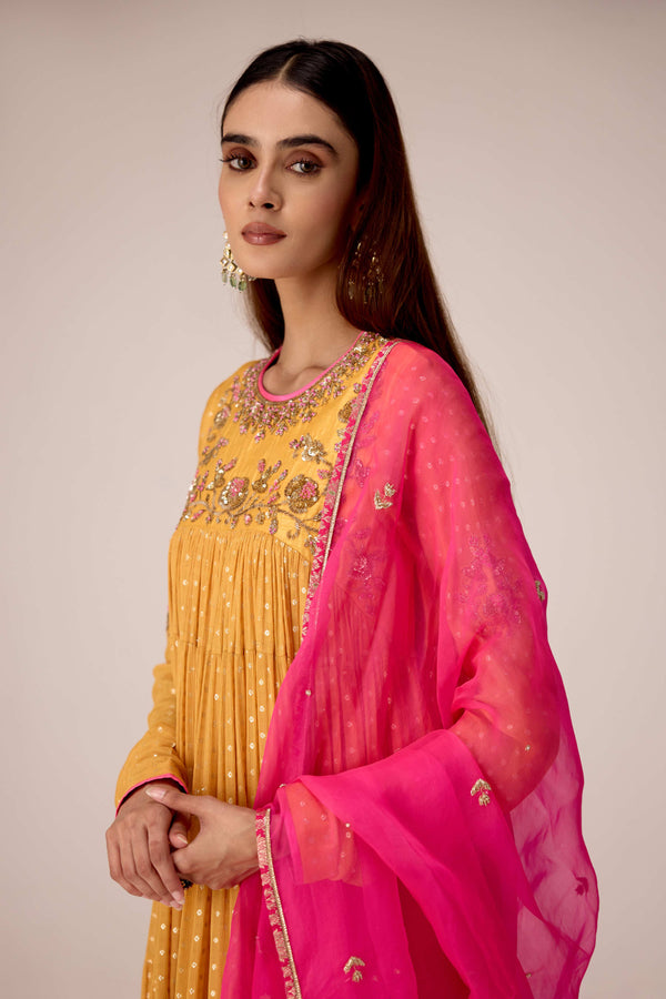 Mustard zardozi embroidered anarkali set