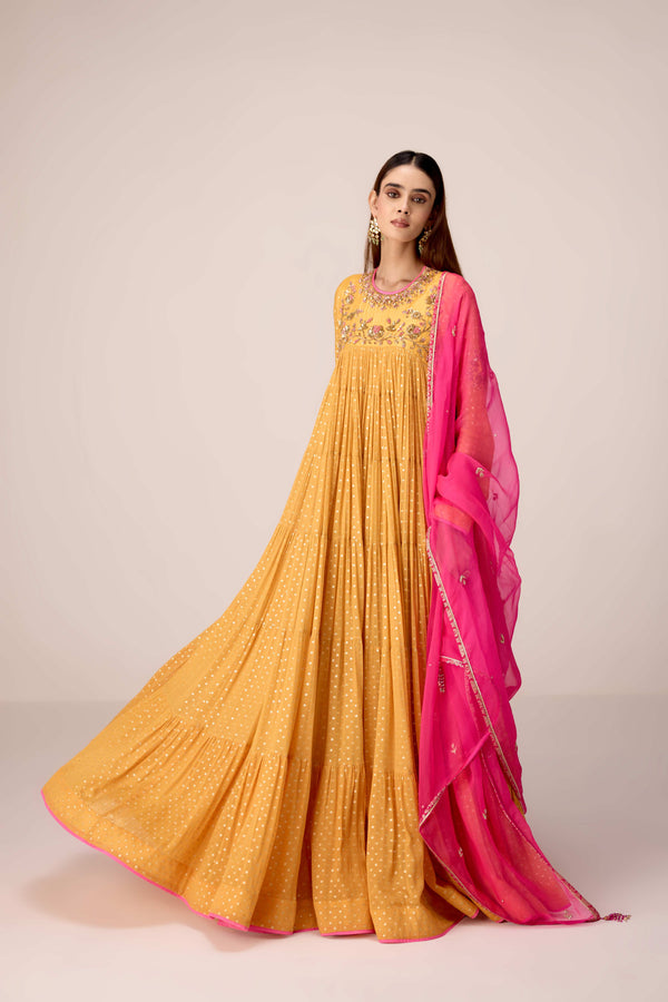 Mustard zardozi embroidered anarkali set
