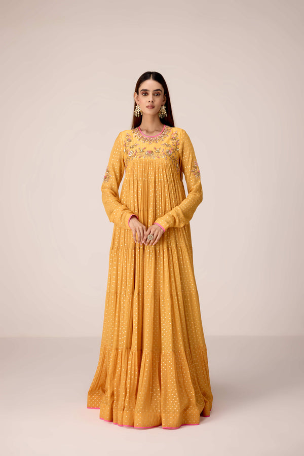 Mustard zardozi embroidered anarkali set