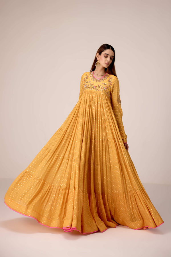 Mustard zardozi embroidered anarkali set