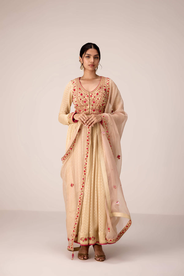 Neutral ivory thread embroidered anarkali set
