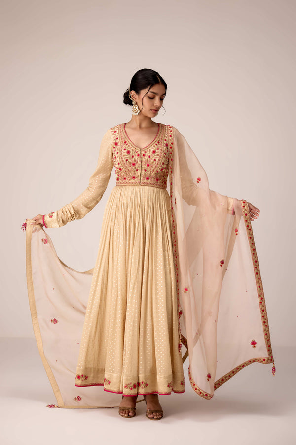 Neutral ivory thread embroidered anarkali set