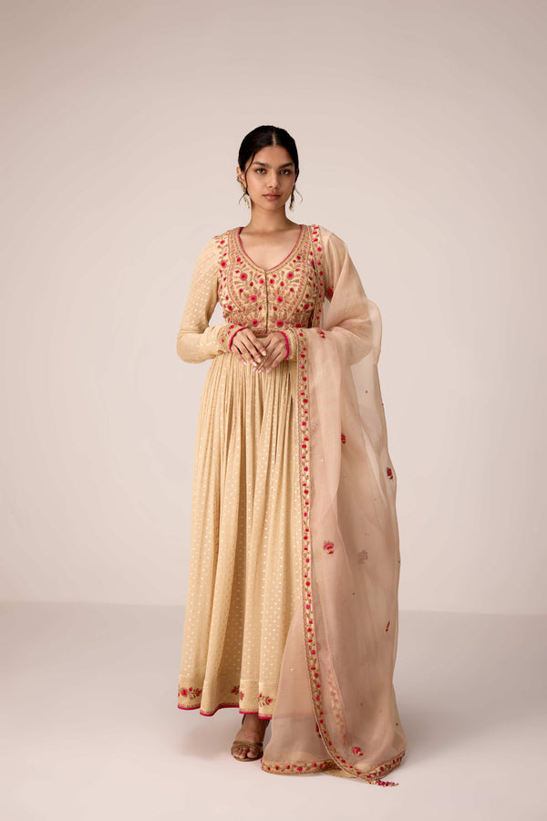 Neutral ivory thread embroidered anarkali set