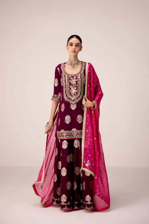 Purple wine zardozi embroidered kurta sharara set