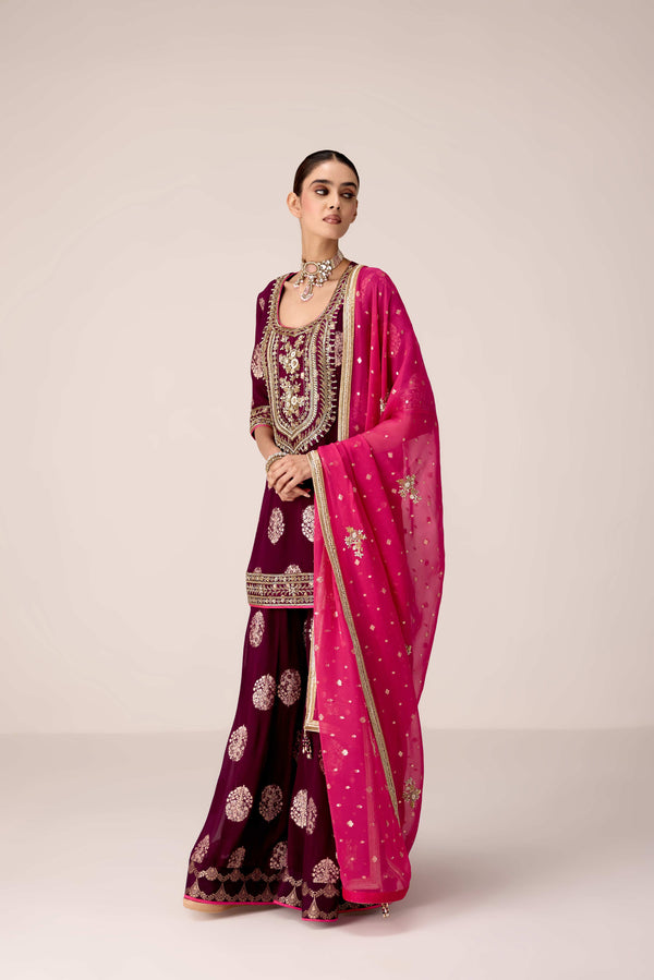 Purple wine zardozi embroidered kurta sharara set
