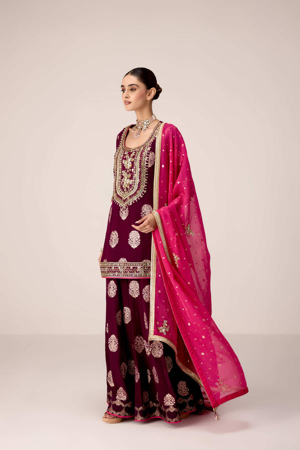 Purple wine zardozi embroidered kurta sharara set