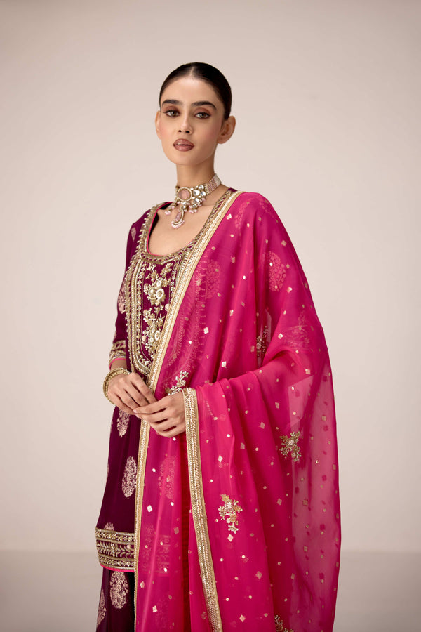 Purple wine zardozi embroidered kurta sharara set