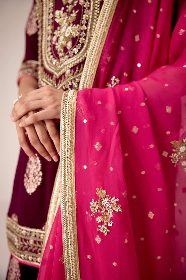Purple wine zardozi embroidered kurta sharara set