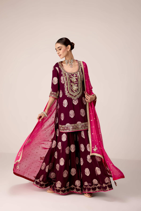 Purple wine zardozi embroidered kurta sharara set