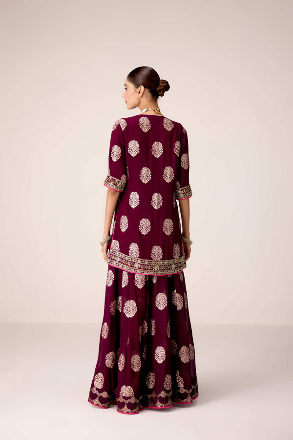 Purple wine zardozi embroidered kurta sharara set
