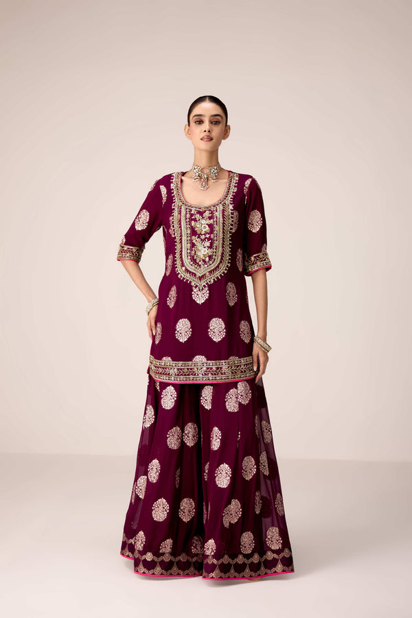 Purple wine zardozi embroidered kurta sharara set