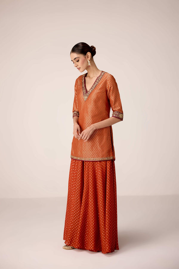Rust orange zardozi embroidered kurta sharara set