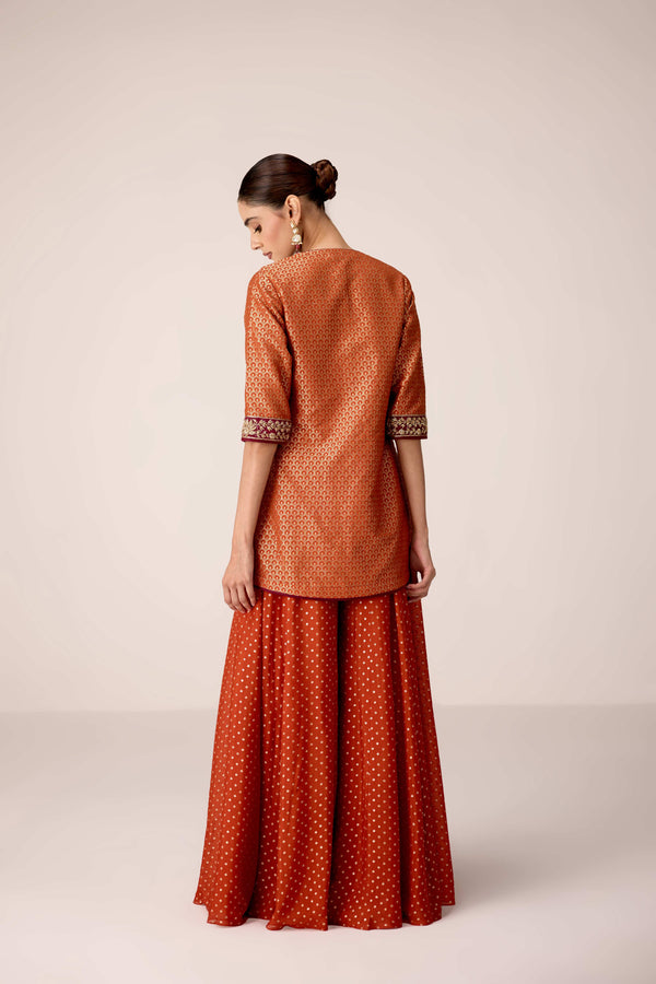 Rust orange zardozi embroidered kurta sharara set