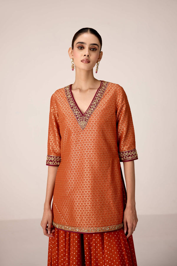 Rust orange zardozi embroidered kurta sharara set