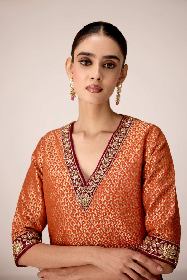 Rust orange zardozi embroidered kurta sharara set