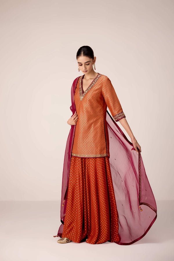 Rust orange zardozi embroidered kurta sharara set