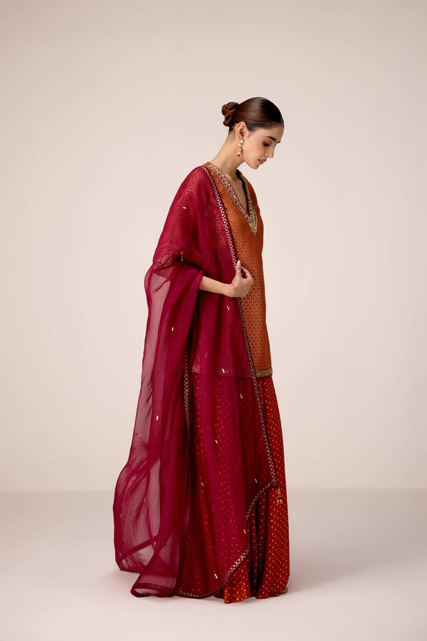 Rust orange zardozi embroidered kurta sharara set