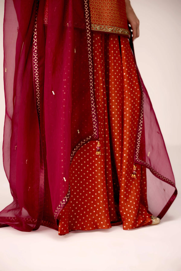 Rust orange zardozi embroidered kurta sharara set