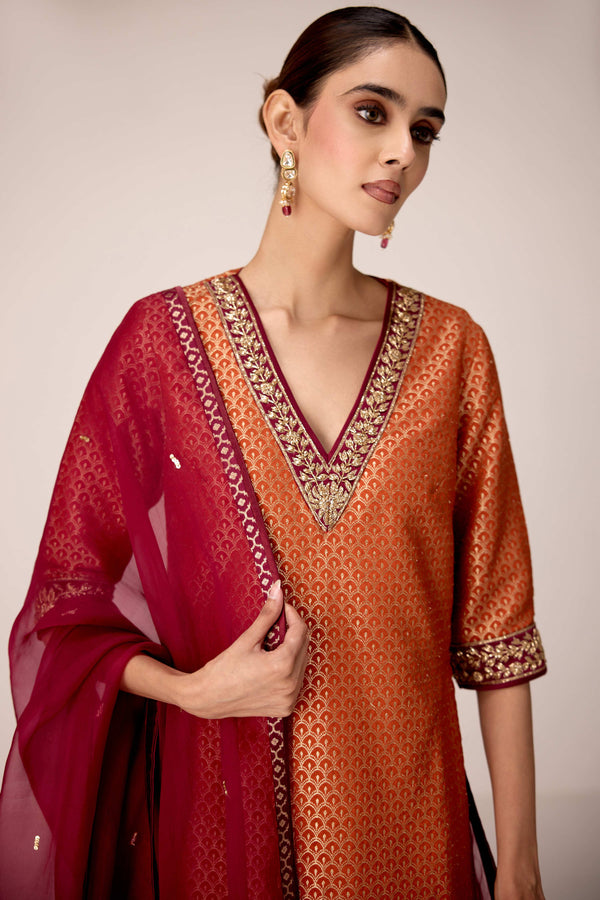 Rust orange zardozi embroidered kurta sharara set