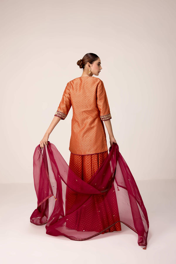 Rust orange zardozi embroidered kurta sharara set