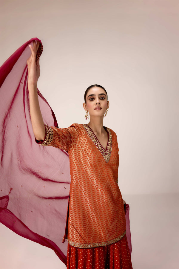 Rust orange zardozi embroidered kurta sharara set