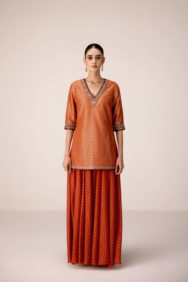 Rust orange zardozi embroidered kurta sharara set