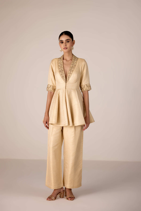 Ivory zardozi embroidered top trouser set.