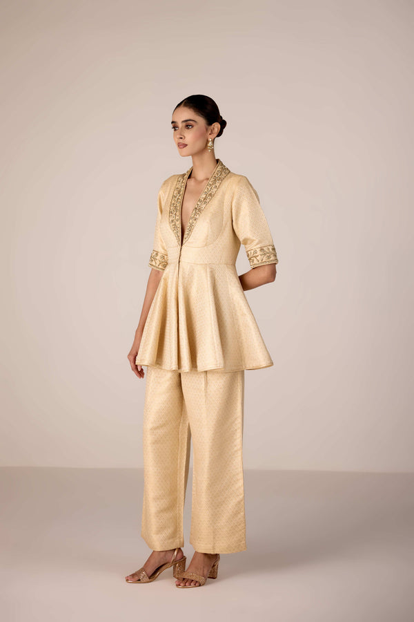 Ivory zardozi embroidered top trouser set.