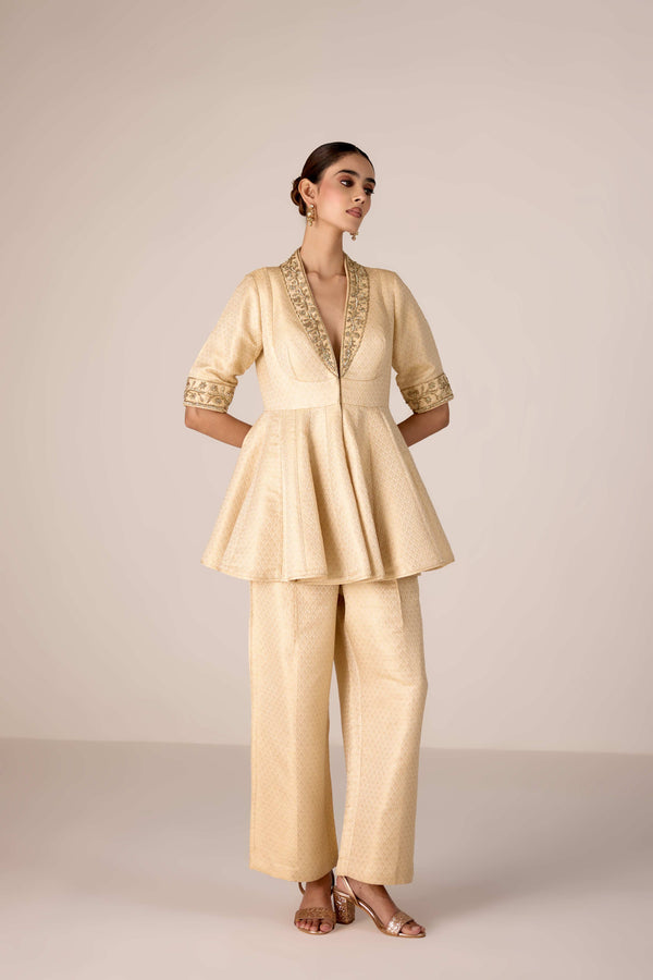 Ivory zardozi embroidered top trouser set.
