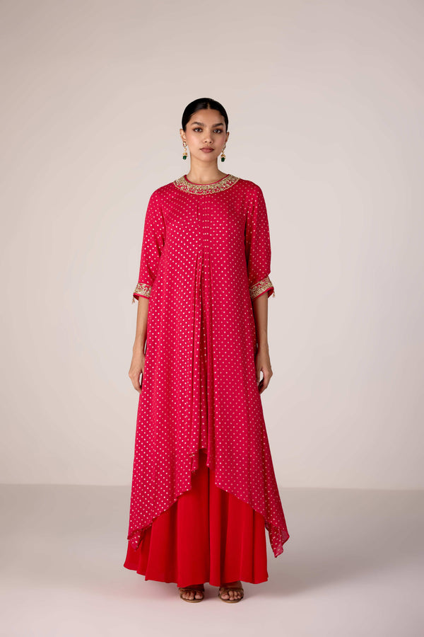 Dark pink zardozi embroidered pleated kurta sharara set