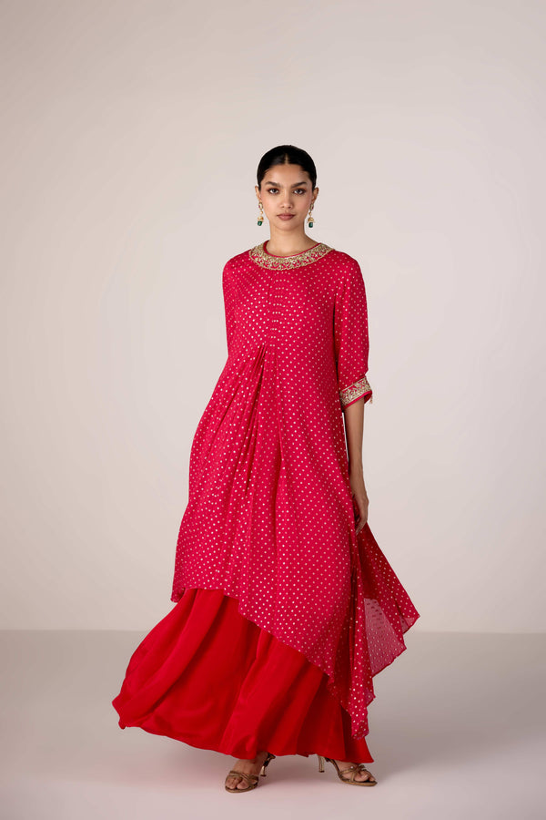 Dark pink zardozi embroidered pleated kurta sharara set
