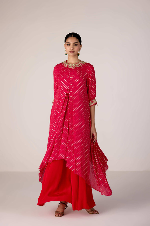 Dark pink zardozi embroidered pleated kurta sharara set