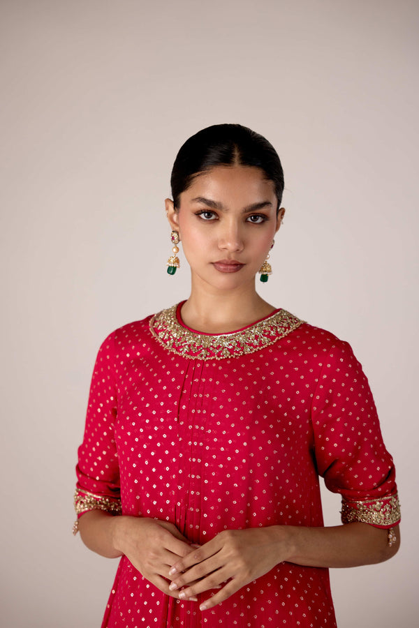 Dark pink zardozi embroidered pleated kurta sharara set