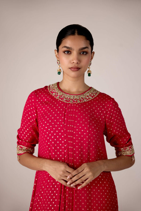 Dark pink zardozi embroidered pleated kurta sharara set