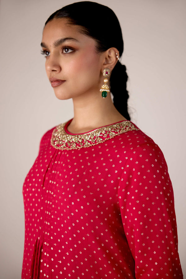 Dark pink zardozi embroidered pleated kurta sharara set