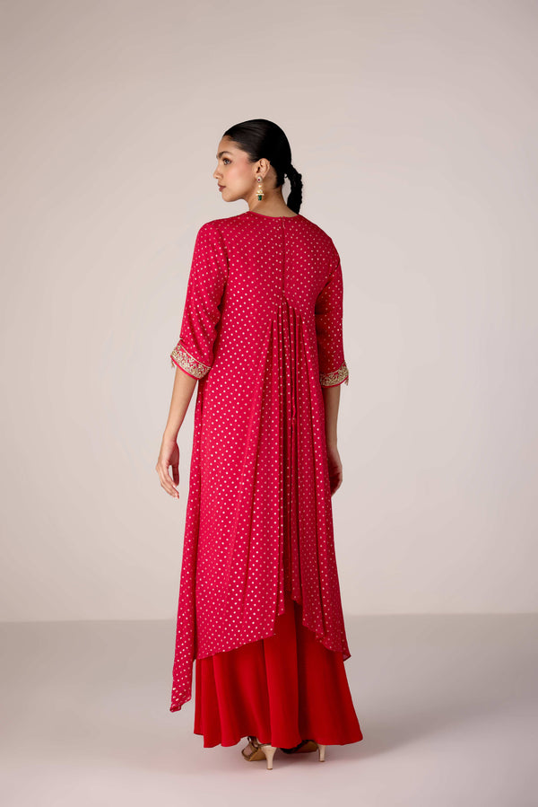 Dark pink zardozi embroidered pleated kurta sharara set