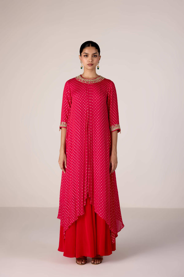 Dark pink zardozi embroidered pleated kurta sharara set