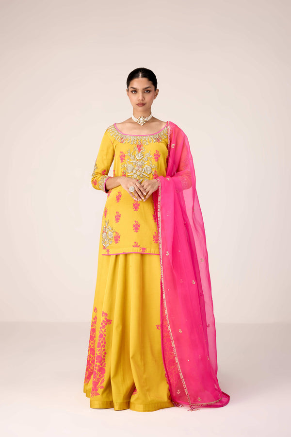 Yellow pink zardozi embroidered top skirt set.