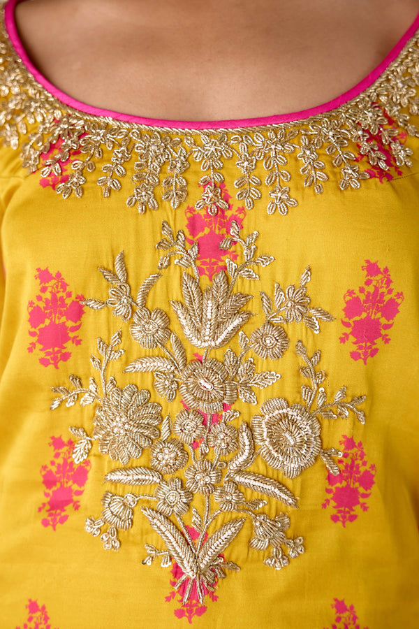 Yellow pink zardozi embroidered top skirt set.