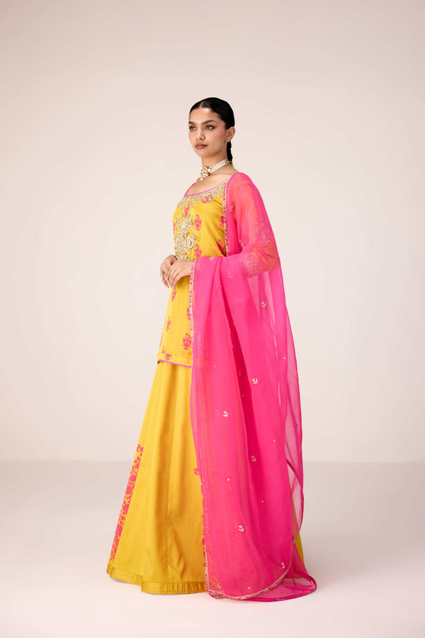 Yellow pink zardozi embroidered top skirt set.