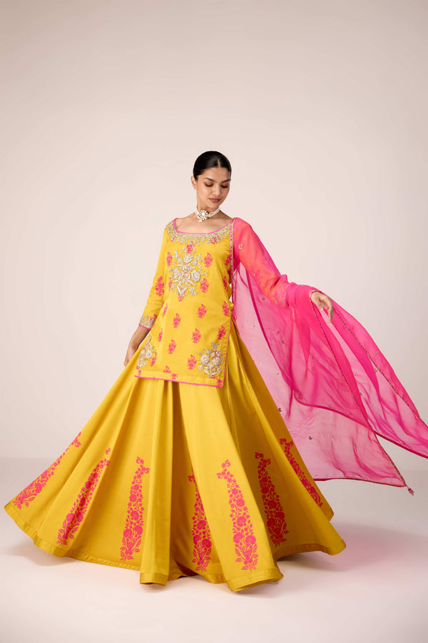 Yellow pink zardozi embroidered top skirt set.