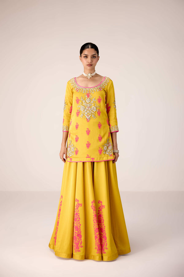 Yellow pink zardozi embroidered top skirt set.