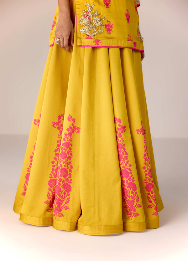 Yellow pink zardozi embroidered top skirt set.