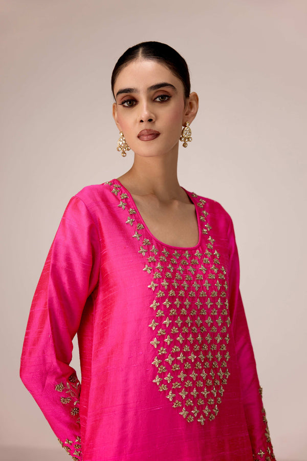 Fuschia pink zardozi  embroidered kurta pants set