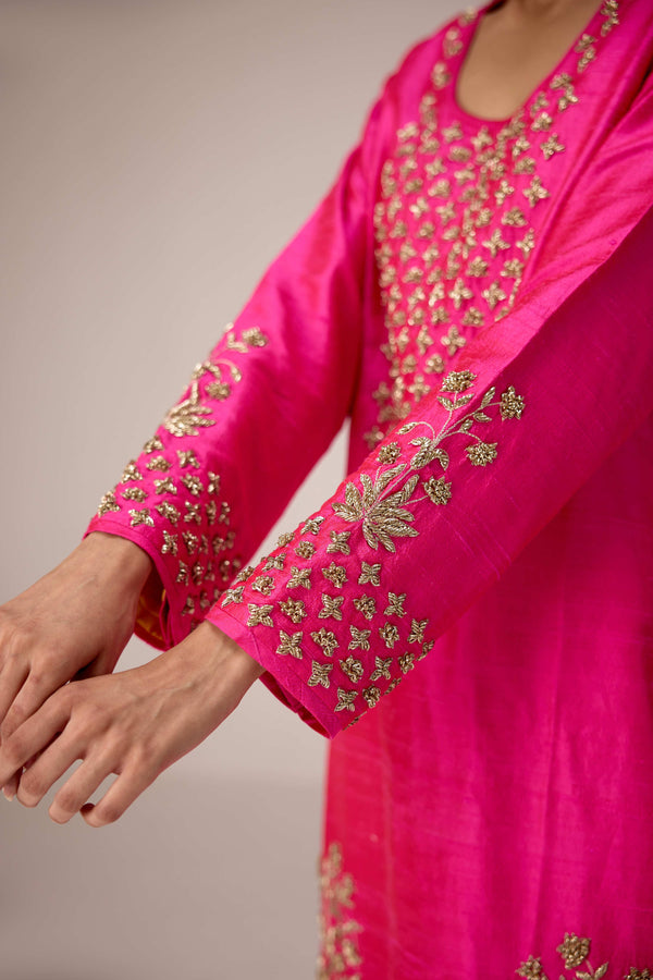 Fuschia pink zardozi  embroidered kurta pants set