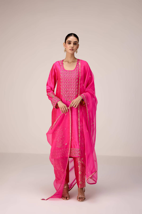 Fuschia pink zardozi  embroidered kurta pants set