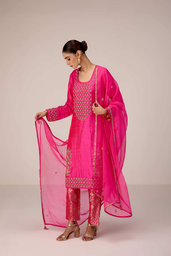 Fuschia pink zardozi  embroidered kurta pants set